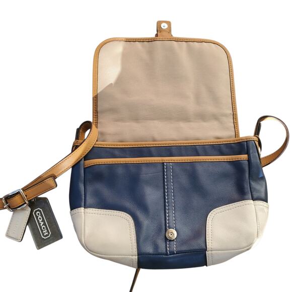 Coach Purse Color Block Leather Navy Blue White Crossbody Adjustable Strap - Picture 4 of 8